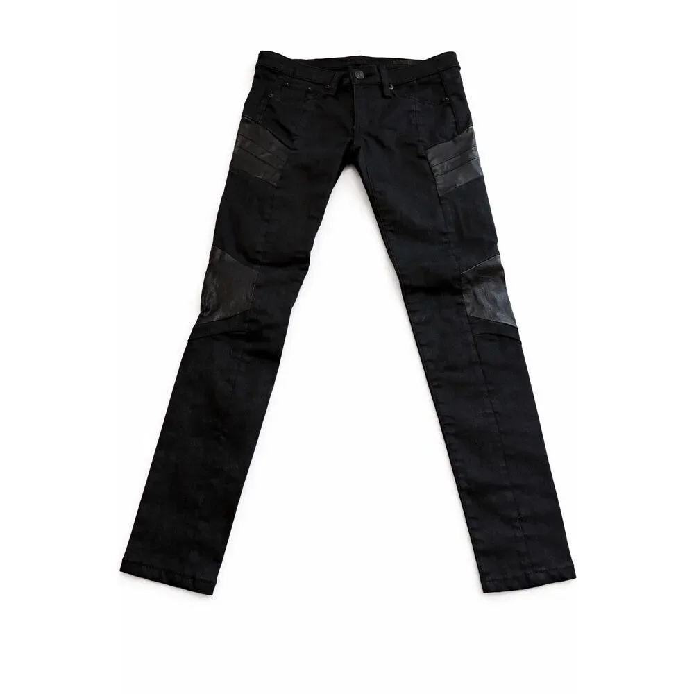 Rag & Bone Women’s Black Leather Patches Moto Stretch Skinny Jeans Size 26